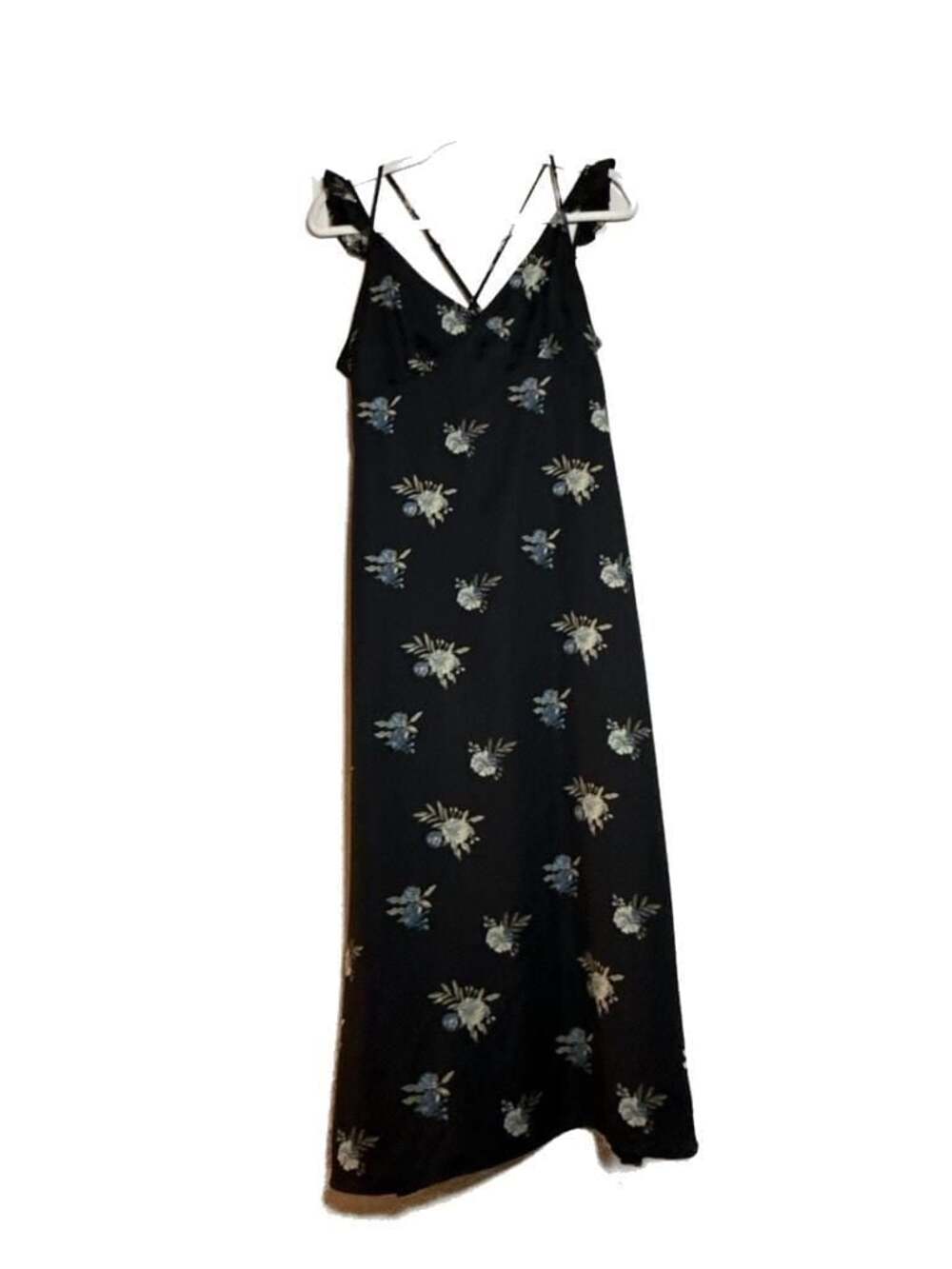 L Honey Punch Black Floral Print Maxi Slip Dress with Ruffle Straps